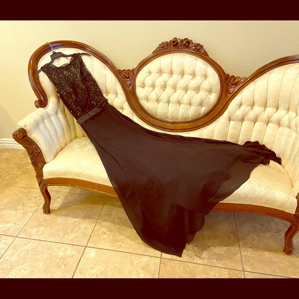 NWOT Elegant black, lace top, sheer back gown
